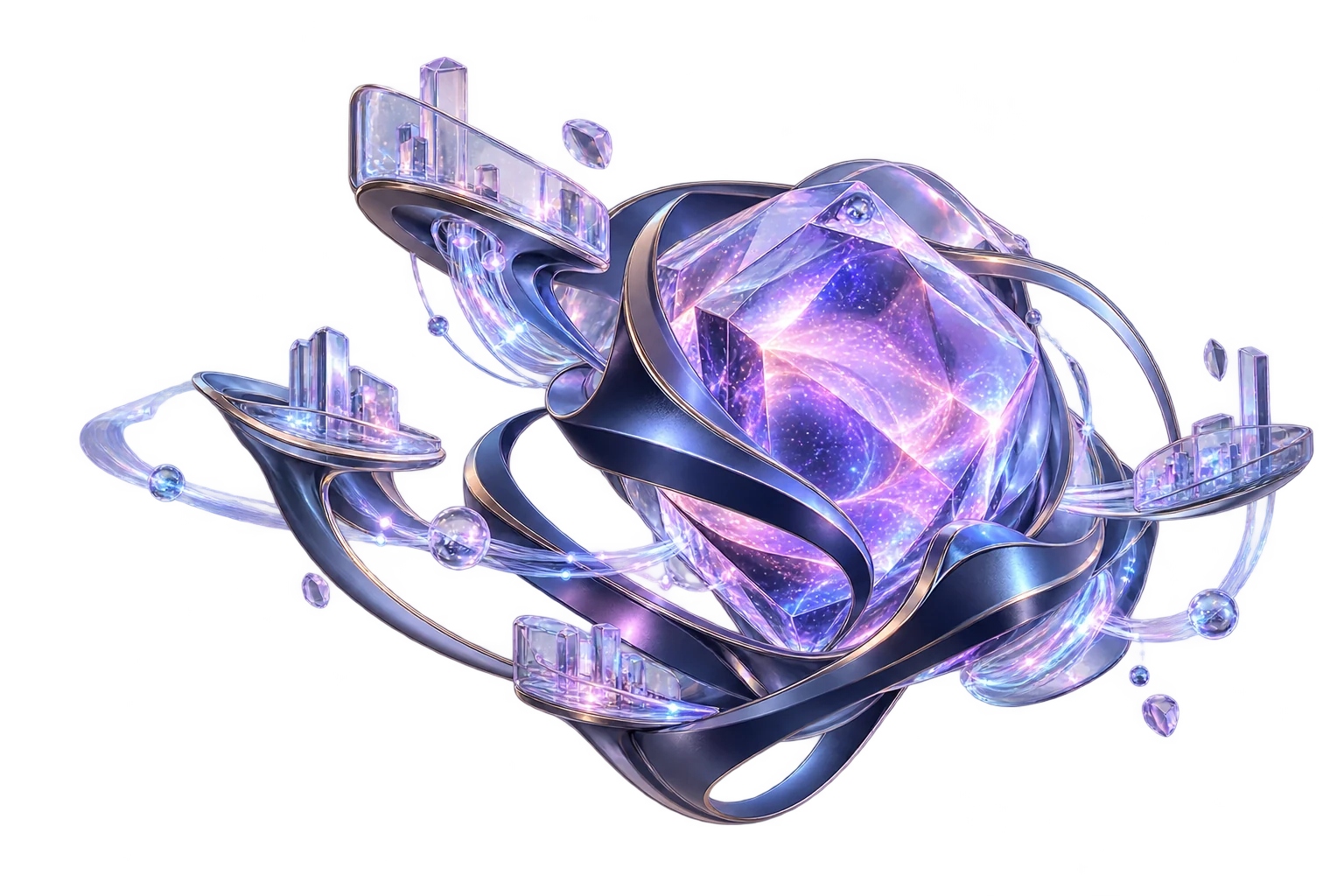 A luminous glass technology core connecting multiple sculptural worlds